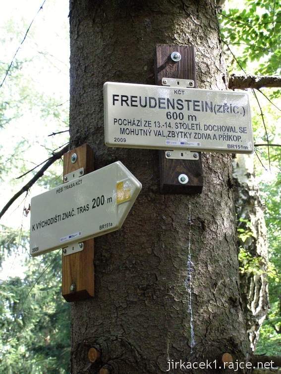 Hrad Freudenstein u Karlovic - jádro hradu - tabulka na stromě