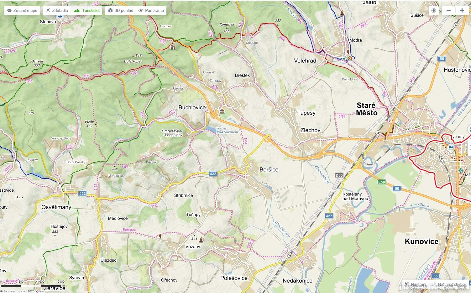 Mapa našeho výletu v okolí Uherského Hradiště